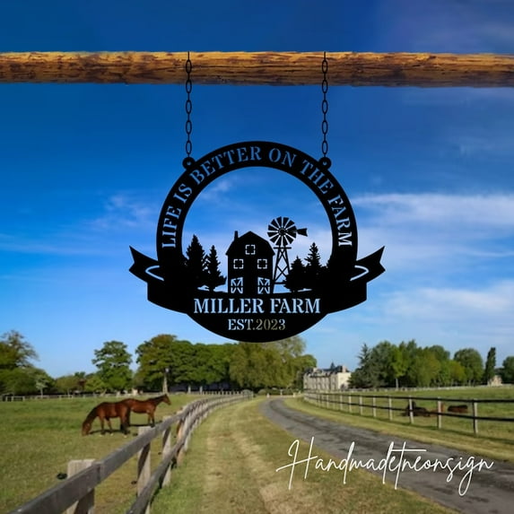 Handmadetneonsign Personalized Outdoor Farm Sign Hanging Metal Sign, Farm Name Sign Outdoor Hanging