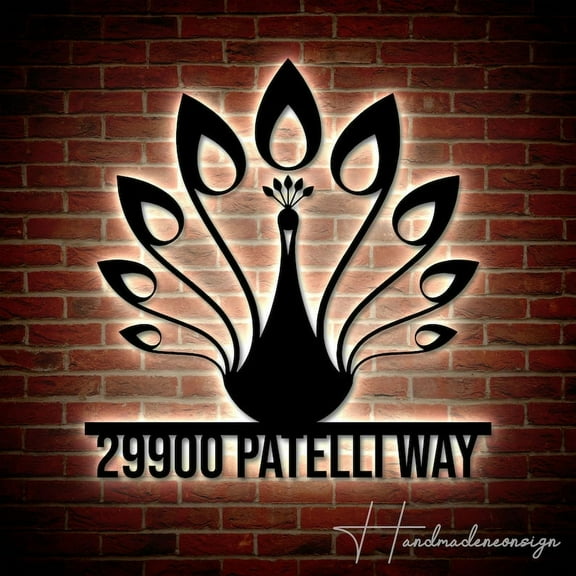 Handmadetneonsign Personalized Peacock Home Number Metal Sign, Custom Peacock Address Metal Sign