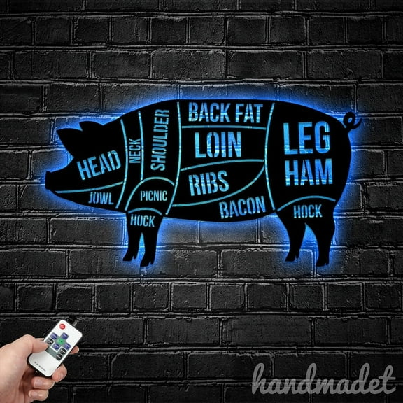 Handmadetneonsign Personalized Pig Pork Cuts Metal Wall Art LED Light, Custom Meat Butcher Metal