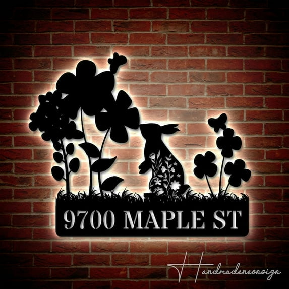 Handmadetneonsign Personalized Rabbit Garden Home Number Metal Sign, Rabbit Garden Address Metal