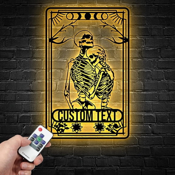 Handmadetneonsign Personalized Skeleton Couple Tarot Card Metal Wall Art LED Light,Tarot Card Metal