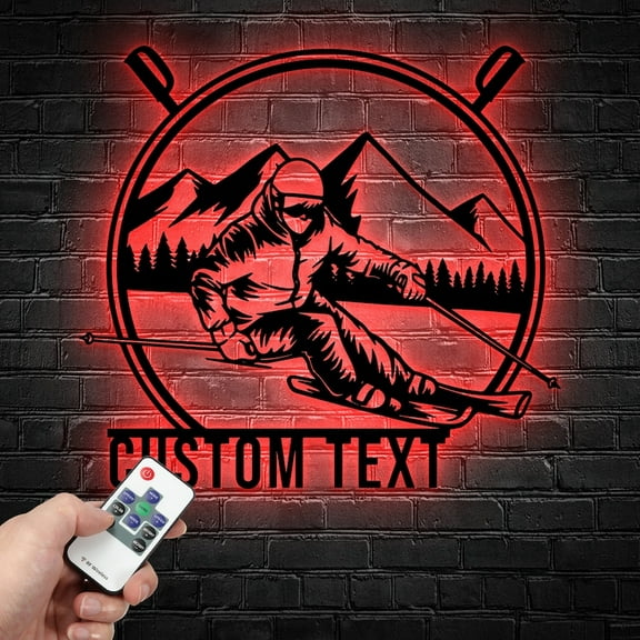 Handmadetneonsign Personalized Skiing Metal Wall Art LED Light, Custom Skier Metal Sign Room Decor