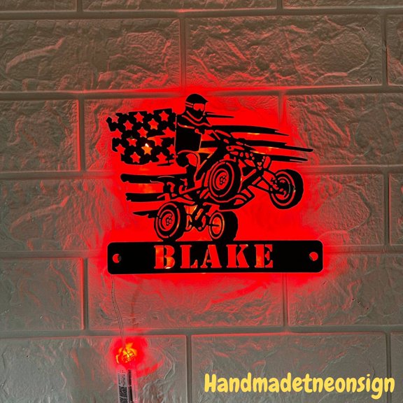 Handmadetneonsign Personalized US Quad Biker Metal Wall Art LED Light - Custom Dirt Bike Name Sign