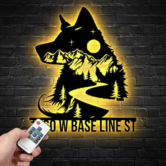 Handmadetneonsign Personalized Wolf Home Number Metal Sign, Custom Wolf Address Metal Sign Decor