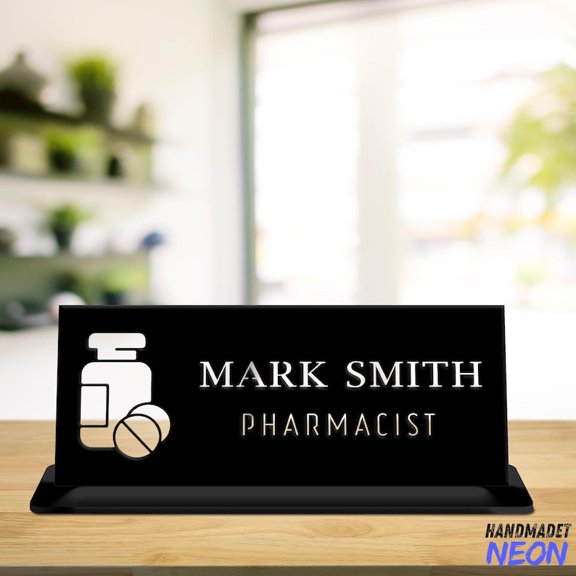 Handmadetneonsign Pharmacist Metal Name Plate, Pharmacy Engraved Desk Sign, Table Office Decor 048088