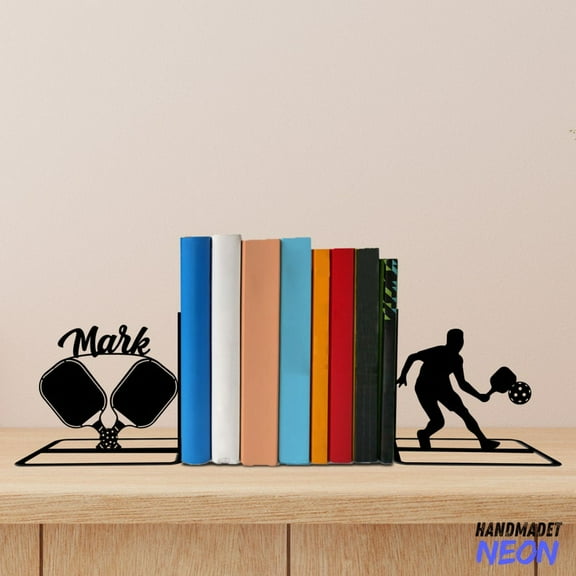 Handmadetneonsign Pickleball Man Metal Bookends, Player Name Bookend, Sport Table Bookshelf Decor 045300