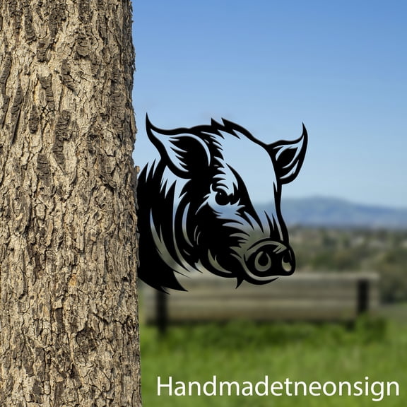 Handmadetneonsign Pig On Branch Metal Tree Stake, Pig Garden Tree Stake, Pig Animal Metal Tree 68581
