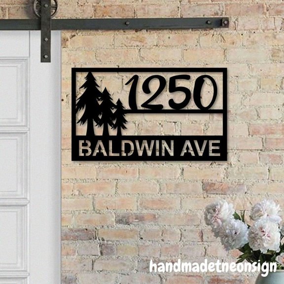 Handmadetneonsign Pine Tree House Number Metal, Pine Home Number Sign, Forest Address Wall Sign 041061