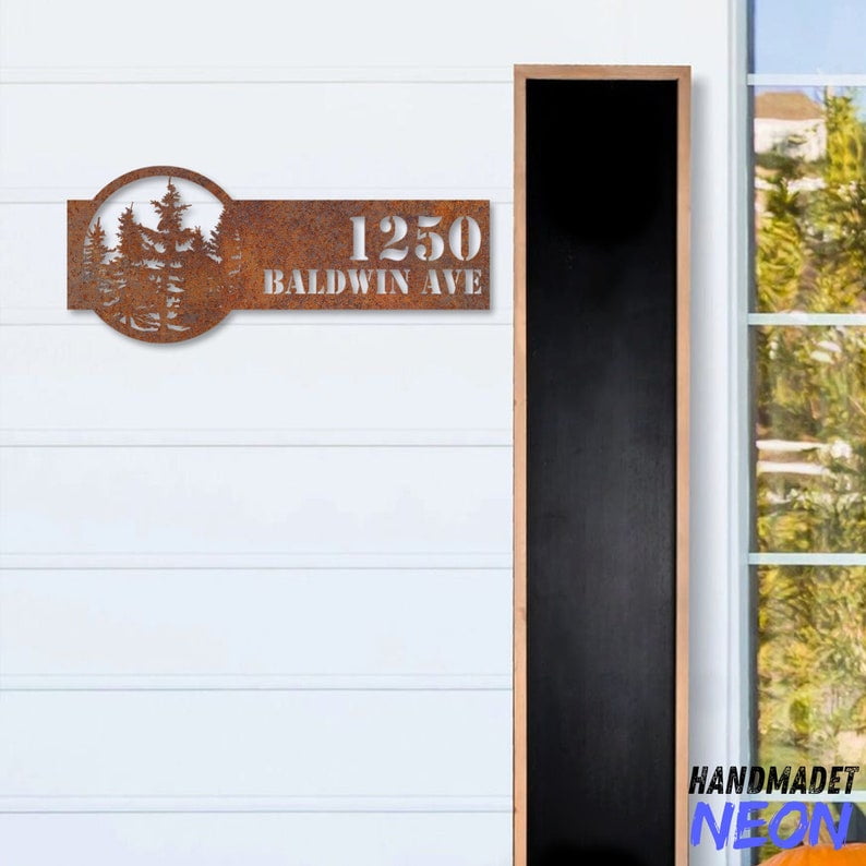 Handmadetneonsign Pine Tree House Number Metal Rusty, Forest Home Number Rusty, House Address Wall Decor 043968