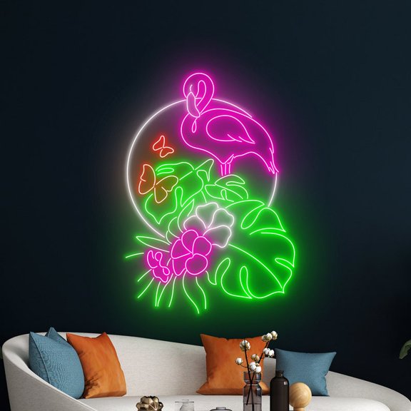 Handmadetneonsign Pink Flamingo Wall Art, Monstera Tropical Leaf Wall Decor, Flamingo Wall Decor