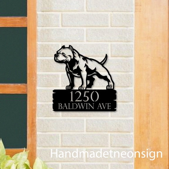 Handmadetneonsign Pit Bull House Number, Pit Bull Home Address Metal, Dog House Address Sign 67592