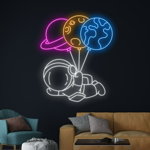 Handmadetneonsign Planet Balloon Astronaut Neon Sign, Flying Astronaut Led Sign, Spaceman Led Light