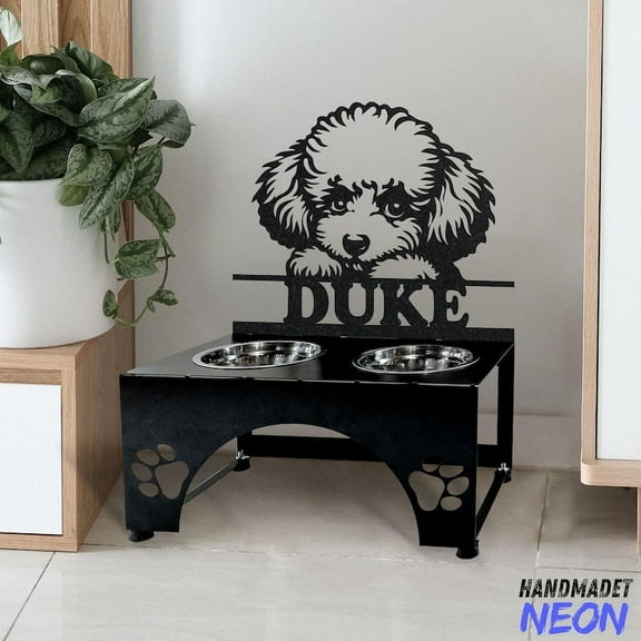 Handmadetneonsign Poodle Dog Metal Bowl Holder, Poodle Dog Food Bowl Stand 97440