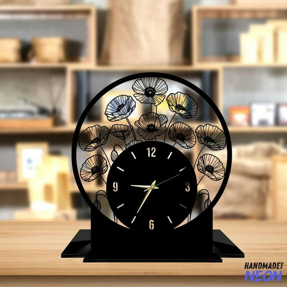 Handmadetneonsign Poppy Flower Tabletop Metal Clock, Poppy Desktop Clock, Clock Home Decor 93308