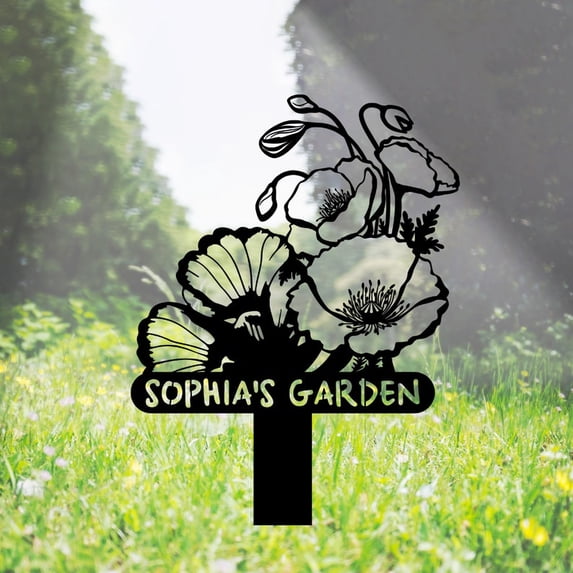 Handmadetneonsign Poppy Flowers Memorial Metal With Stake, Flowers Metal Name Sign Stake, Poppy Metal Stake Decor 45716