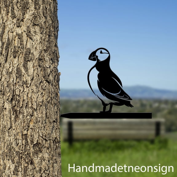 Handmadetneonsign Puffin Bird On Branch Metal Tree Stake, Puffin Garden Tree Stake, Birds Metal Tree 68588