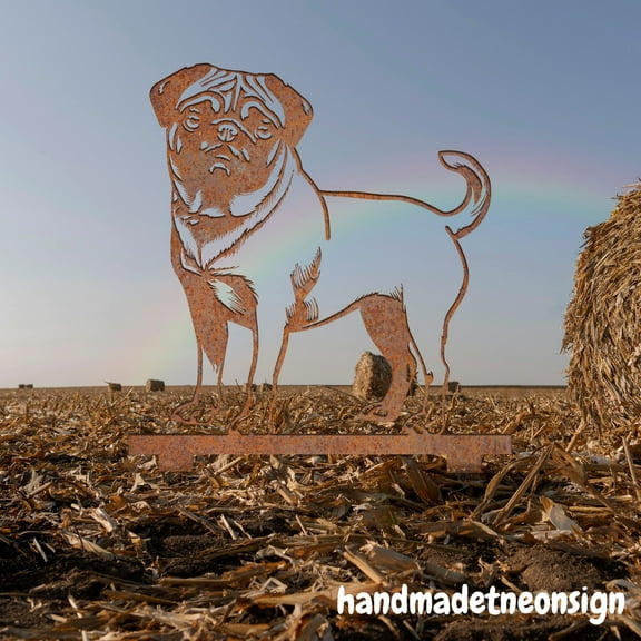 Handmadetneonsign Pug Dog Rusty Metal Stake, Dog Memorial Stake, Pet Grave Marker, Pug Garden Stake 72441