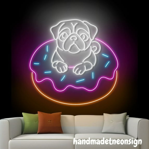 Handmadetneonsign Pug In A Donut Neon Sign, Pug Dog Wall Art Light, Donut Bakery Wall Decor 039129