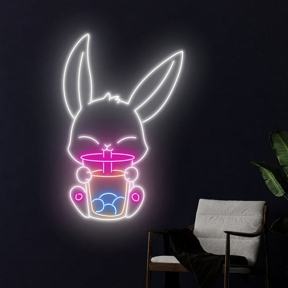Handmadetneonsign Rabbit Bubble Tea Neon Sign, Bunny Boba Tea Neon Light, Rabbit Milk Tea Led Sign