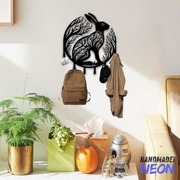 Handmadetneonsign Rabbit Coat Rack Wall Hanger, Rabbit Metal Wall Hooks, Rabbit Keys Holder Home Decor 74730