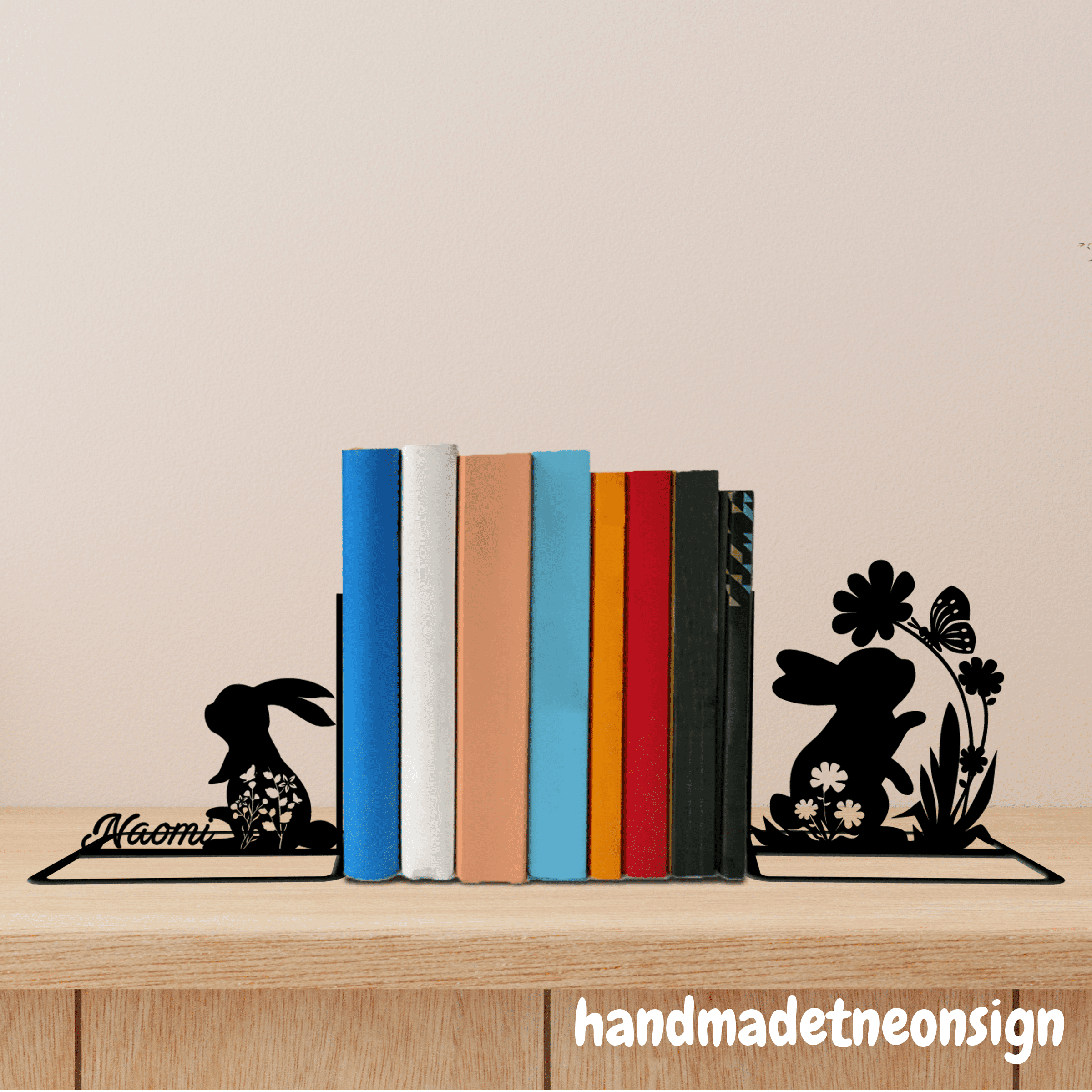Handmadetneonsign Rabbit Metal Bookends Rabbit Name Bookend, Rabbit ...