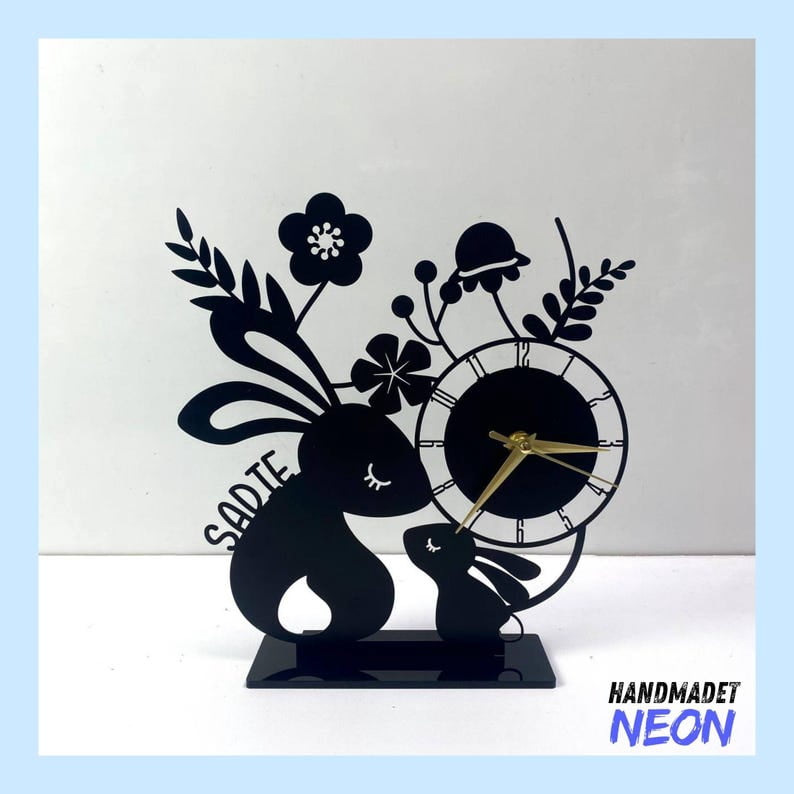 Machachev Rabbit Clock Handmadetneonsign Rabbit Tabletop Metal Clock, Floral Rabbit Desktop ...