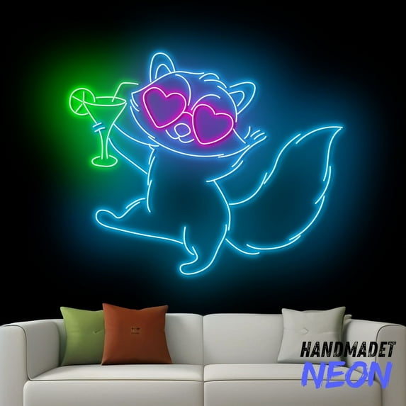 Handmadetneonsign Raccoon Drinking Cocktail Neon Sign, Raccoon Cocktail Led Sign, Cute Raccoon Wall Art, Animal Decor 83700