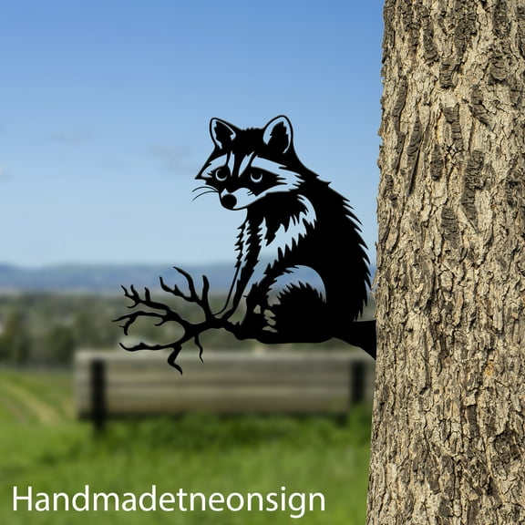 Handmadetneonsign Raccoon On Branch Metal Tree Stake, Peeking Animal Garden Tree Stake, Raccoon Metal Tree 68775