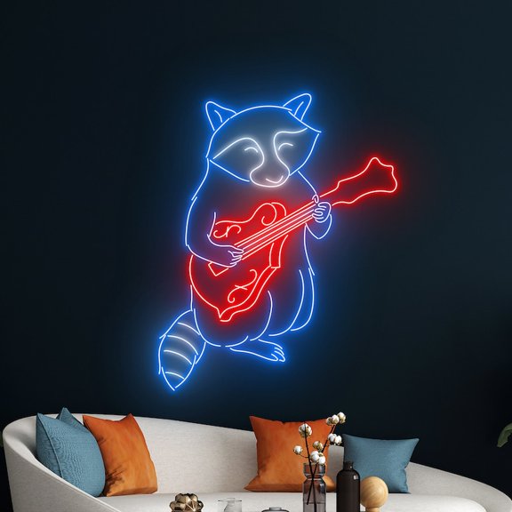 Handmadetneonsign Raccoon Playing Mandolin Neon Sign, Mandolin Raccoon Led Sign, Raccoon Mandolin