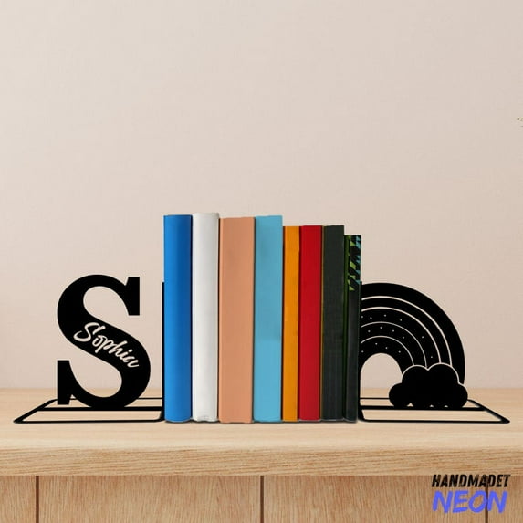 Handmadetneonsign Rainbow Cloud Metal Bookends, Baby Name Bookend, Rainbow Table Bookshelf Decor 048103