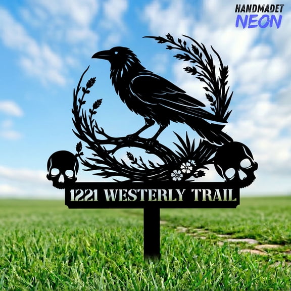 Handmadetneonsign Raven Metal Garden Stake, Bird Address Metal Sign, Housewarming Gift