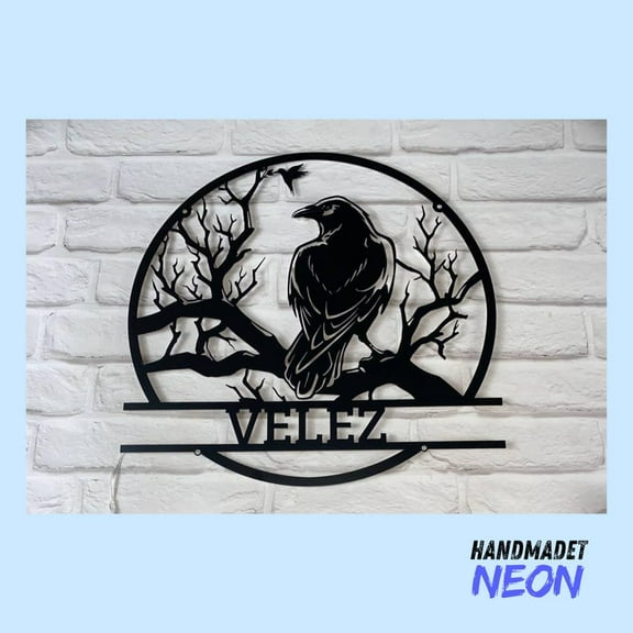 Handmadetneonsign Raven On Branch Metal Sign, Raven Metal Light, Raven Bird Wall Art, Home Wall Decor 80530