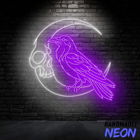 Handmadetneonsign Raven Skull Moon Neon Sign, Gothic LED Wall Light, Halloween Gifts, Witchy Decor, Bar Art 134748