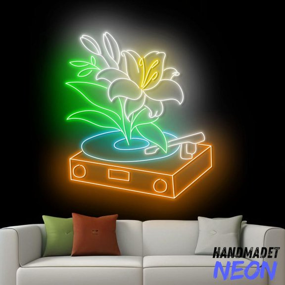 Handmadetneonsign Record Disc Flower Neon Sign, Floral Record Disc Led Sign, Record Music Light 94525