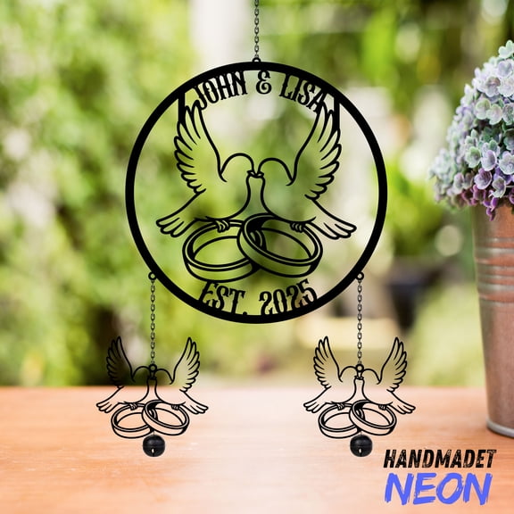 Handmadetneonsign Rings Engagement Gift Wind Chimes, Custom Bird Couples Wind Chimes, Anniversary Gift 140154