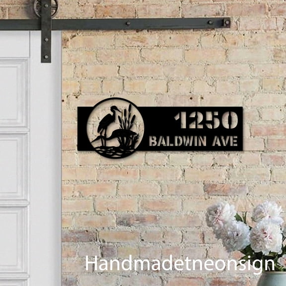 Handmadetneonsign River Scene Stork House Number, Stork Home Address Metal, House Address Sign 64651
