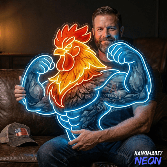 Handmadetneonsign Rooster Neon Sign, Fitness Room Decor, Man Cave Decor For Him