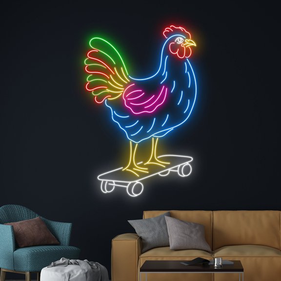 Handmadetneonsign Rooster Skateboarding Neon Sign, Skateboard Chicken Led Sign, Rooster Skateboard