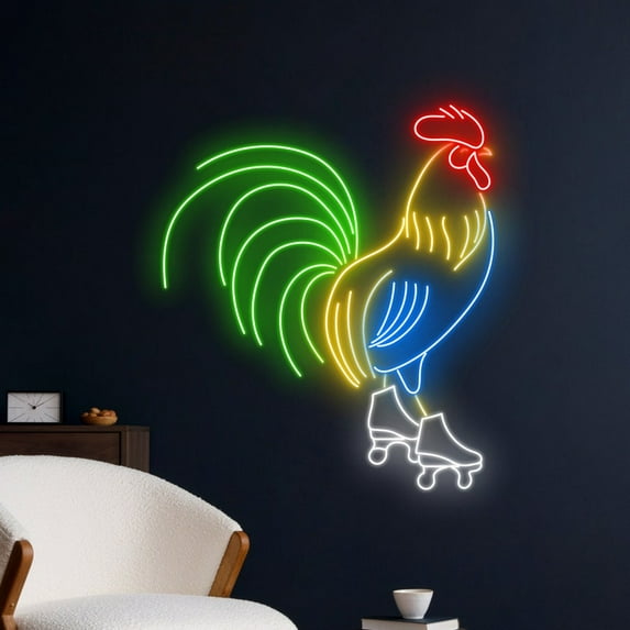 Handmadetneonsign Rooster Skating Neon Sign, Rooster Wall Art Decor, Chicken Animal Wall Decor