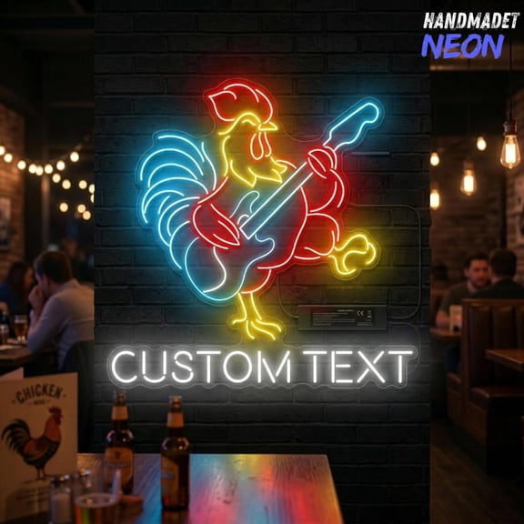 Handmadetneonsign Rooster with Guitar Neon Sign, Chicken Led Sign, Music Room Decor
