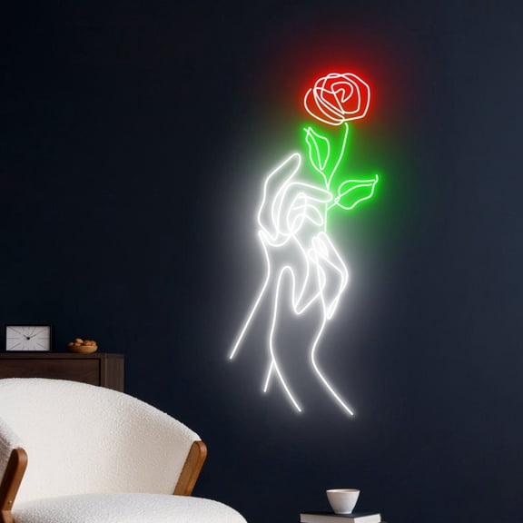 Handmadetneonsign Rose Flower Hand Led Sign, Hands Rose Flower Neon Sign, Rose Hand Neon Light