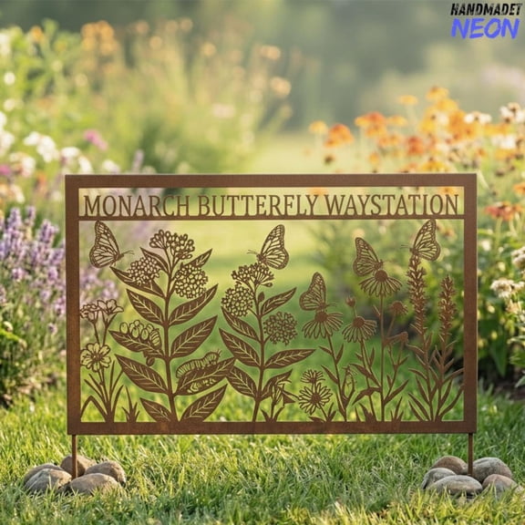 Handmadetneonsign Rusty Monarch Butterfly Metal Garden Panel, Flower Garden Decor, Butterfly Lover Gift