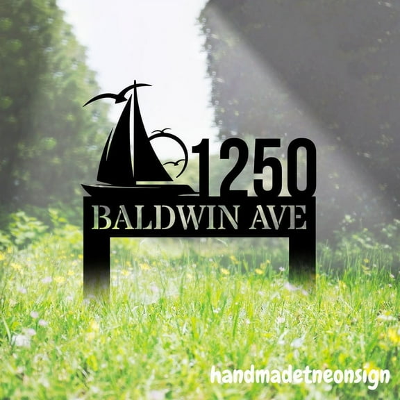Handmadetneonsign Sailboat Address Stake, Boat Home Number Garden Metal Stake, Yard Stake Outdoor Decor 043252