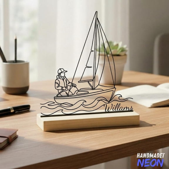 Handmadetneonsign Sailing Boat Metal Art on Wood Base, Sailor Gift, Nautical Office Decor