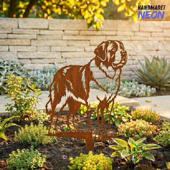 Handmadetneonsign Saint Bernard Metal Garden Stake, Rustic Yard Outdoor Decor