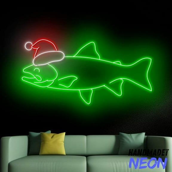 Handmadetneonsign Salmon Christmas Hat Neon Sign, Salmon Led Sign, Fish Wall Art, Wall Decor 93096