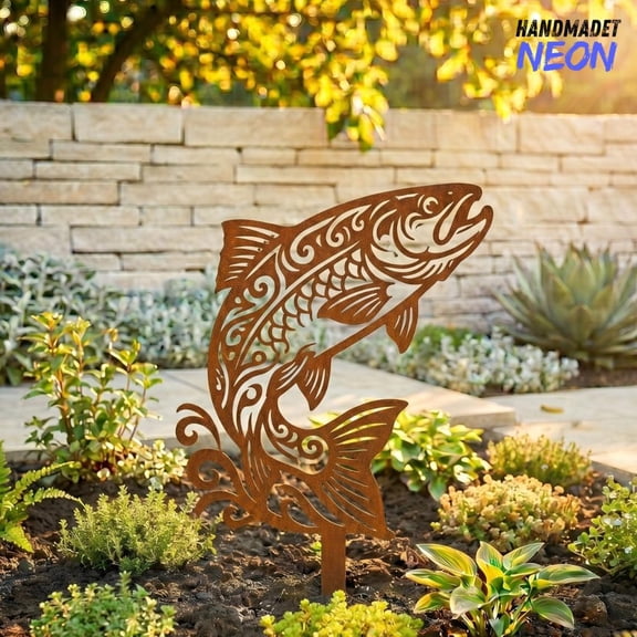 Handmadetneonsign Salmon Rusty Metal Garden Stake, Fish Pond Yard Decor