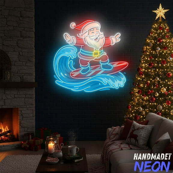 Handmadetneonsign Santa Claus Surfing Neon Sign, Christmas Neon Sign, Holiday Home Decor