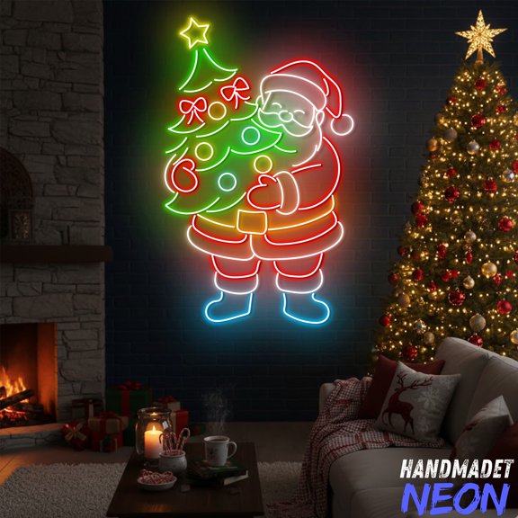 Handmadetneonsign Santa Claus with Christmas Tree Neon Sign, Holiday Wall Decor, Christmas Home Decor