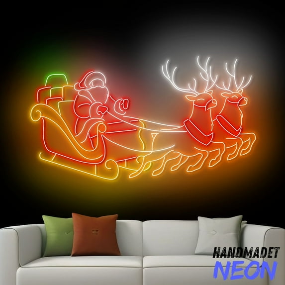 Handmadetneonsign Santa Flying In Sleigh Neon Sign, Santa's Sleigh Led Sign, Christmas Santa Reindeers Decor 74625